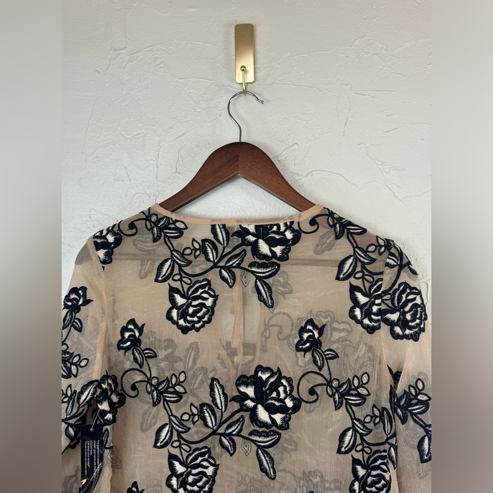 GOLDIE Women's Black Floral Flower Embroidery Sheer Blouse Cream Office Feminine - Picture 13 of 16